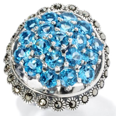 129-040 - Gem Insider Sterling Silver 5.70ctw Swiss Blue Topaz & Marcasite Ring 