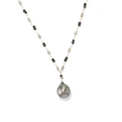 129-041 - Sterling Silver 19.5'' 13-14mm Tahitian Cultured Pearl, Labradorite & Spinel Necklace