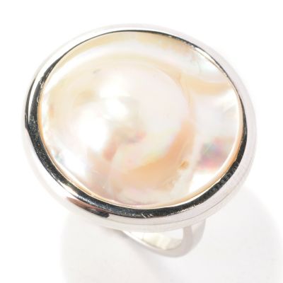 129-044 - Sterling Silver 20mm White Mabe Blister Cultured Pearl Ring