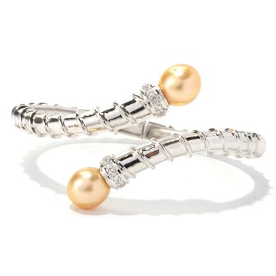 SS 10-11M GOLDEN SOUTH SEA HINGED BYPASS BANGLE W/ WHITE TOPAZ ACCENTS