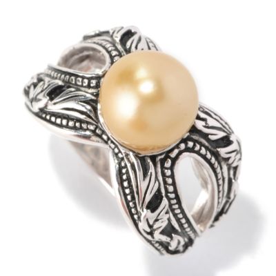 129-075 - Sterling Silver 9-10mm Golden South Sea Cultured Pearl Cut-out Ring