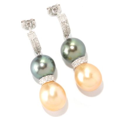 129-077 - Sterling Silver 1.12'' 8-10mm Two-Tone Exotic Cultured Pearl & Diamond Earrings