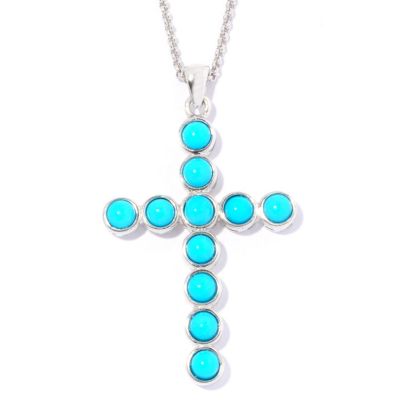 SS RHODIUM PLATED SLEEPING BEAUTY TURQ CROSS W/ CHAIN