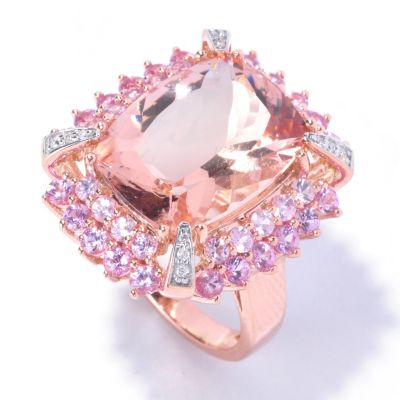 14K RG CUSHION MORGANITE 12X 16 PK SAP AND DIAMOND RING