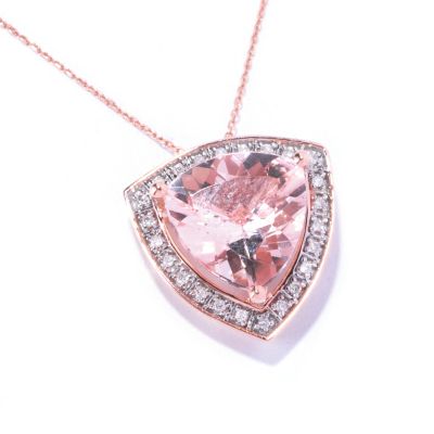 129-176 - Gem Treasures 14K Rose Gold 4.30ctw Morganite & Diamond Trillion Pendant w/ Chain 