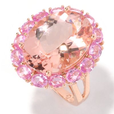 129-178 - Gem Treasures 14K Rose Gold 11.86ctw Morganite & Pink Sapphire Oval Halo Ring