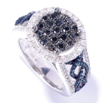 SS ROUND PAVE BLACK DIAM WITH BLUE AND WHT RING