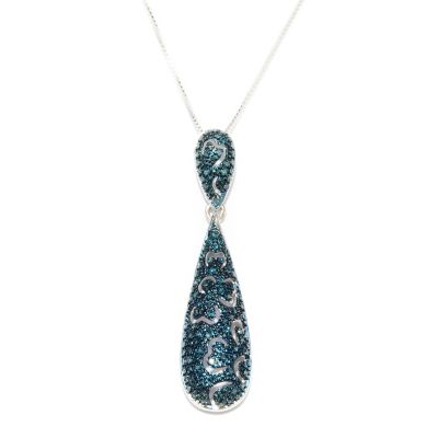 SS PAVE ELONGATED TEAR DROP PEND BLUE DIAMOND BLUE RHOD W/CHAIN