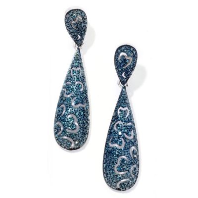 SS PAVE ELONGATED TEAR DROP EAR BLUE DIAMOND BLUE RHOD