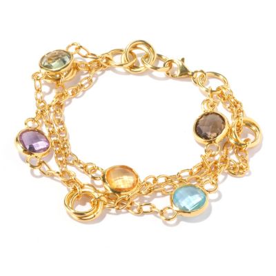 SS/18KGP BRAC 3-STRAND ROLO LINK MULTI-GEMSTONE - 8" w/ 1" EXTENDER