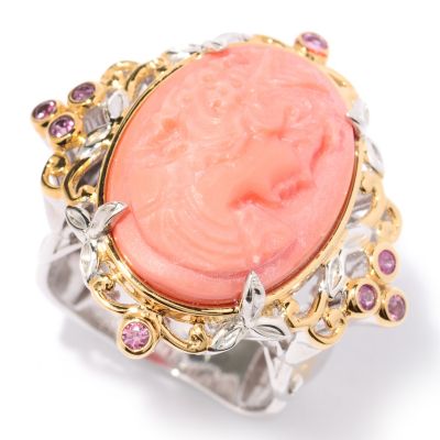 SS/PALL RING ITALIAN-CARVED CORAL CAMEO & DRK PINK SAPH