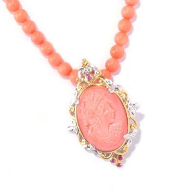 129-228 - Gems en Vogue II 20'' Bamboo Coral Cameo Portrait & Pink Sapphire Beaded Necklace