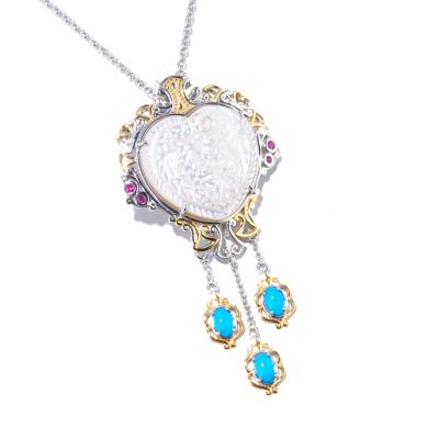 129-260 - Gems en Vogue II 25 x 23mm Carved Mother-of-Pearl & Multi Gemstone Pendant w/ Chain 