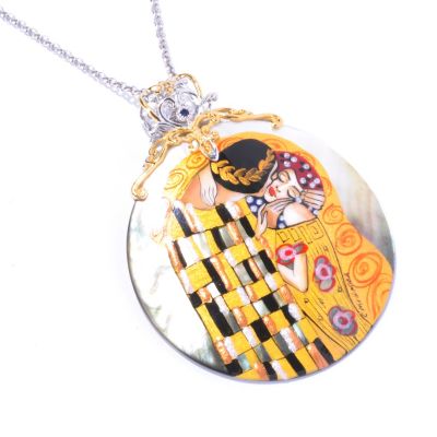 129-261 - Gems en Vogue II 50mm Painted Mother-of-Pearl Klimt-Inspired Enhancer w/ Chain 