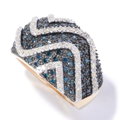 14K YG WAVE DIAMOND RING BLUE AND WHT DIAMOND BLUE RHOD