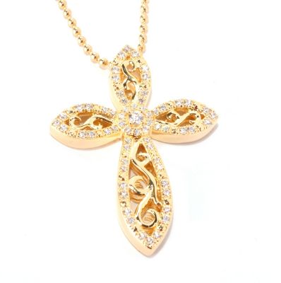 SS/18KYGP ROUND CUT FILIGREE MARQUISE CROSS PENDANT W/18" BEADED CHAIN
