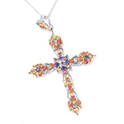 SS/PALL PEND MULTI SAPPHIRE CROSS w/ 18" CHAIN