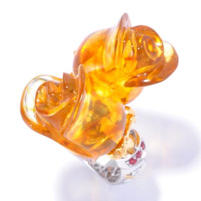SS/PALL RING BALTIC AMBER CARVED TULIP