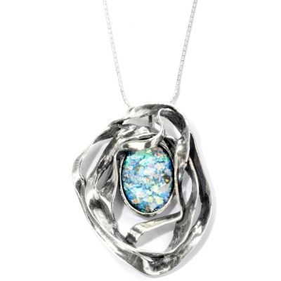 129-341 - Passage to Israel Sterling Silver 18 x 13mm Roman Glass Ribbon Pendant w/ Chain 