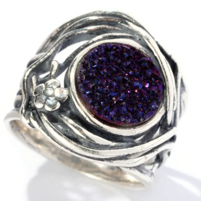 129-347 - Passage to Israel Sterling Silver 10mm Burgundy Drusy & Flower Detail Ring 