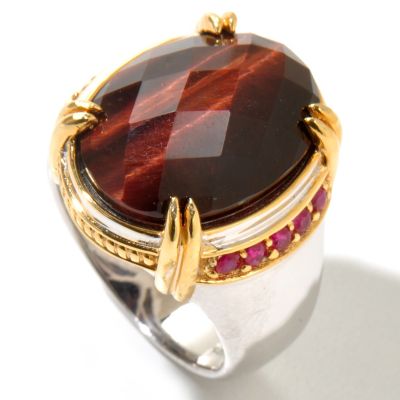 129-366 - Men's en Vogue II 20 x 15mm Checkerboard Cut Tiger's Eye & Ruby Ring 