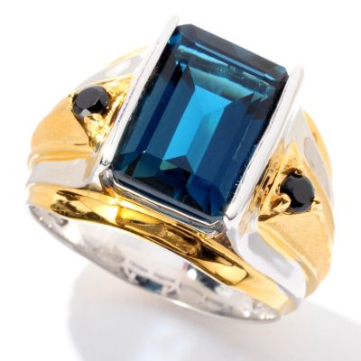 MEN'S - SS/PALL RING EMERALD-CUT LONDON BLUE TOPAZ & BLK SPINEL