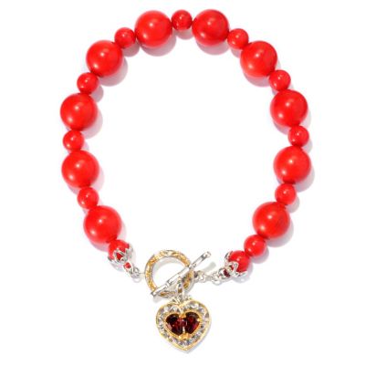129-386 - Gems en Vogue II 8" Multi Gemstone & Heart Charm Toggle Bracelet 