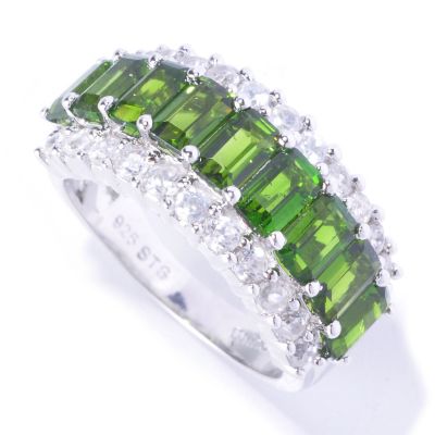 SS/P RING EMERALD-CUT CHROME DIOPSIDE & WHT ZIRCON BAND