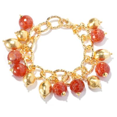 BRONZE/18KGP BRAC HAMMERED BEAD AND MULTI GEMSTONE CHARM