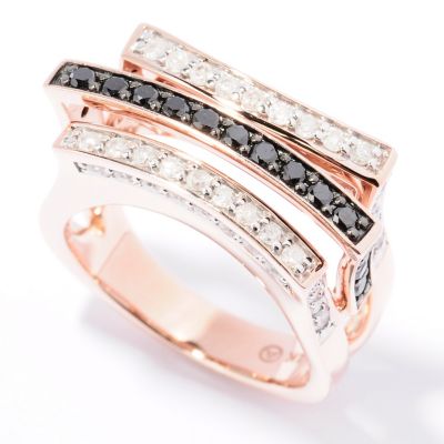 14K RG 3 ROW RING WHT AND BLK DIAMONDS