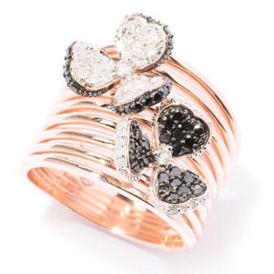 129-455 - Beverly Hills Elegance 14K Rose Gold 0.75ctw Black & White Diamond Two-Flower Ring