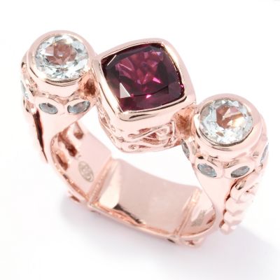 SS/RV RHOD & AQUA 3 STONE RING /W BUE ZIRCON