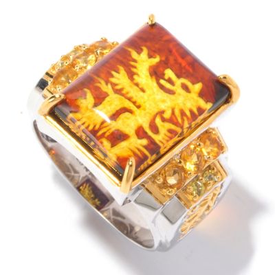 129-524 - Men's en Vogue II 17 x 13mm Carved Amber Lion Rampant Intaglio & Multi Gemstone Ring