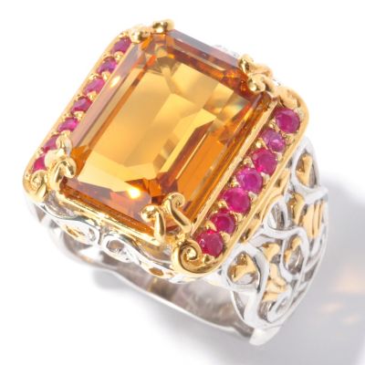 129-549 - Gems en Vogue II 7.00ctw Emerald-Cut Madeira Citrine & Ruby Ring 