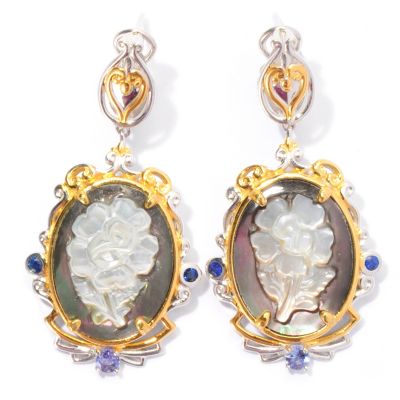SS/PALL EAR CARVED FLOWER MOTHER OF PEARL & MULTI GEM DROP w/ OMEGA BACK