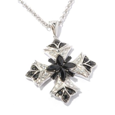 SS/PLAT BLACK SPINEL & WHT ZIRCON CROSS w/ 18" CHAIN
