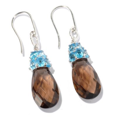 SS/PLAT EAR SWISS BLUE TOPAZ & SMOKY QUARTZ BRIOLETTE DROP