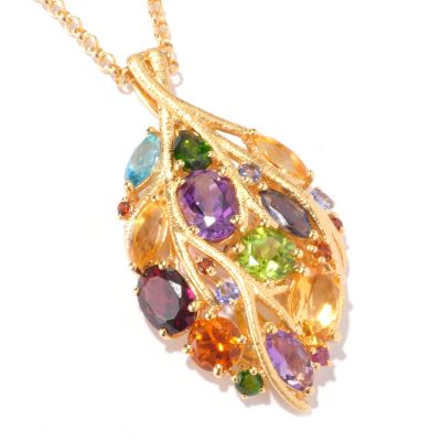 SS/P PEND MULTI GEMSTONE LEAF w/ 20" CHAIN