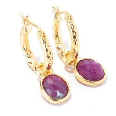BRONZE/18KGP EAR HAMMERED HUGGIE HOOPS w. DETACHABLE GEMSTONE ENHANCER