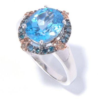 129-583 - Gem Insider Sterling Silver 3.25ctw Swiss Blue Topaz & Fancy Color Diamond Ring