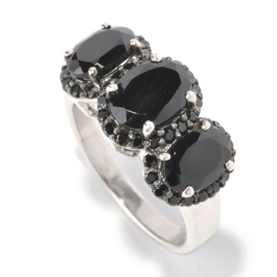 129-601 - Gem Treasures Sterling Silver Oval & Round Black Spinel Three-Stone Ring 