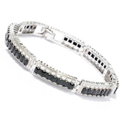 129-618 - Gem Treasures Sterling Silver 7.25'' Princess Cut Black Spinel Bracelet 
