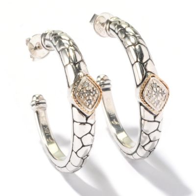 129-664 - Artisan Silver by Samuel B. 0.05ctw Diamond Pebble Textured Hoop Earrings 