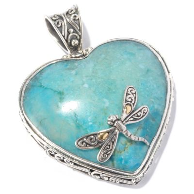 129-672 - Artisan Silver by Samuel B. 36 x 34mm Turquoise Heart Dragonfly Pendant 