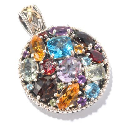 SS/ 18K ROUND MULTI GEMSTONE PENDANT