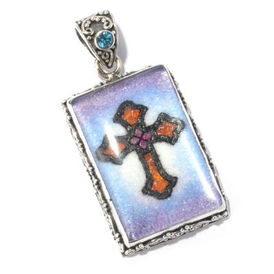 SS BLUE TOPAZ CROSS CRUSHED GEMSTONE PENDANT