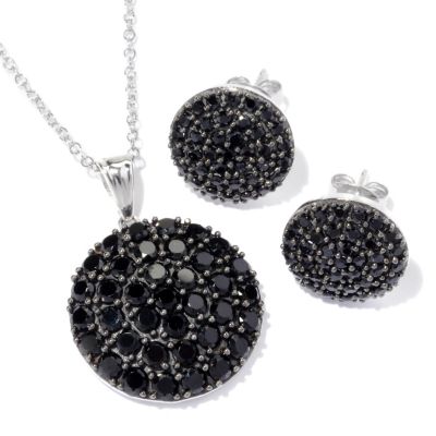 129-689 - Gem Treasures Sterling Silver Black Spinel Circle Pendant & Stud Earrings Set 