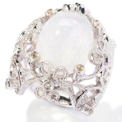 SS OVAL MOONSTONE WIH WHT TOPAZ RING