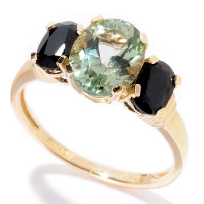 14K YG 3 STONE RING GREEN APATITE BLK SAPP