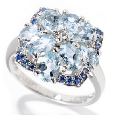 129-739 - Gem Treasures Sterling Silver 2.47ctw Aquamarine & Sapphire Square Flower Ring 